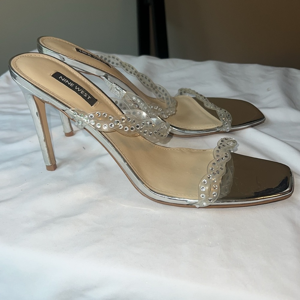 Silver Metallic Heels with Rhinestone Straps Nine West